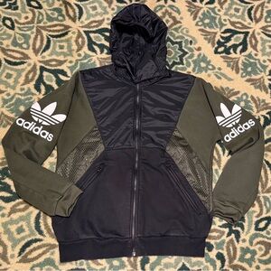 Men’s Adidas Teorado FZ Full Zip Trefoil Hoodie Jacket Green Black Neck Flap M